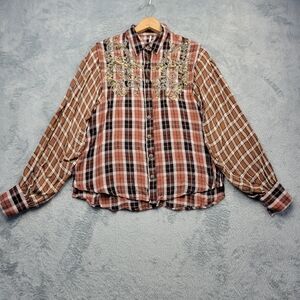 Free People Womens Flannel Shirt Size XS Plaid Embroidered Boho Western
